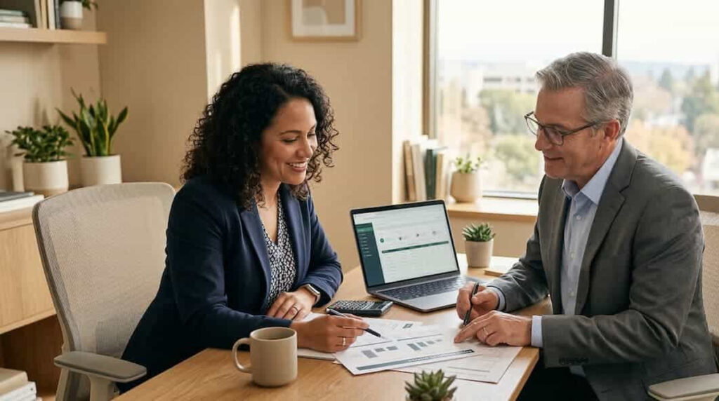 Two advisers reviewing documents and a laptop in an office