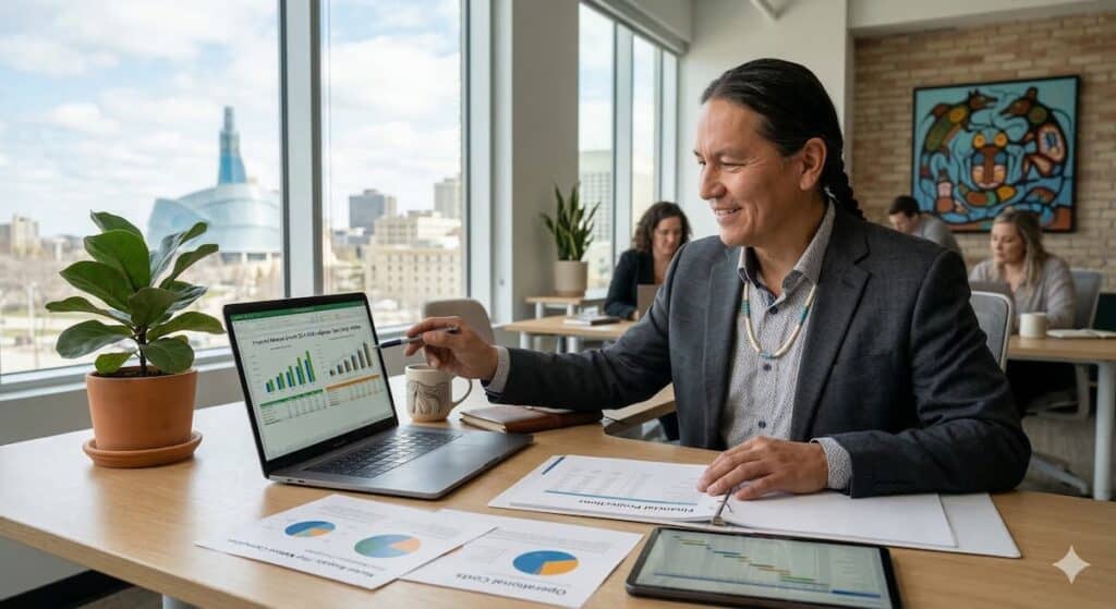 Entrepreneur reviewing business plan charts on a laptop in an office