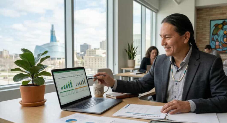 Entrepreneur reviewing business plan charts on a laptop in an office