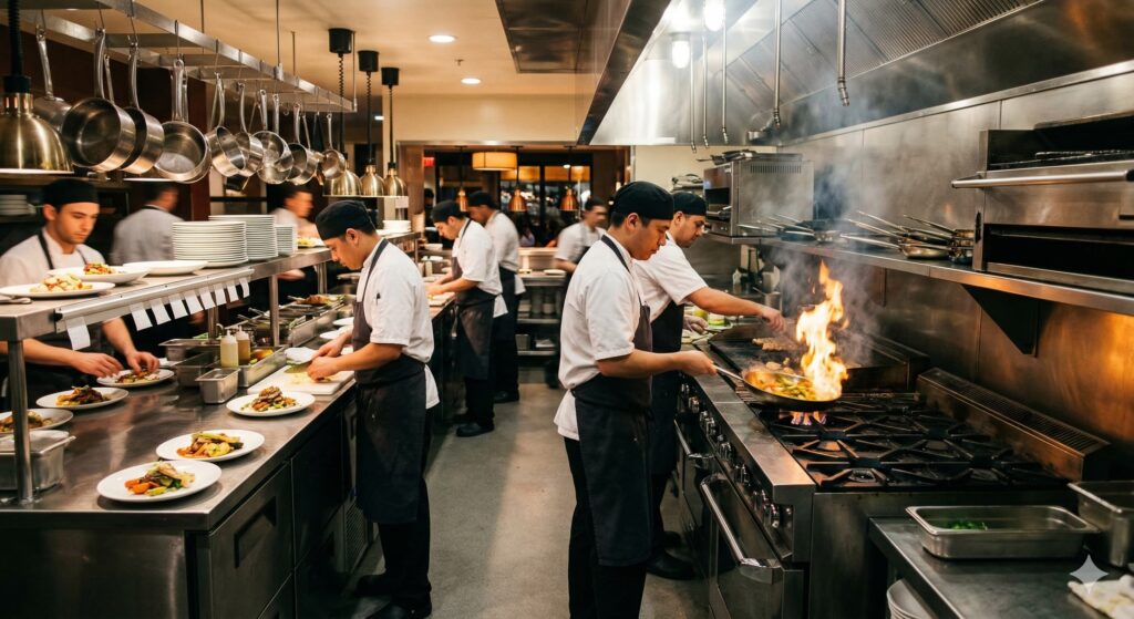 Restaurant Header Busy kitchen with chefs cooking meals.