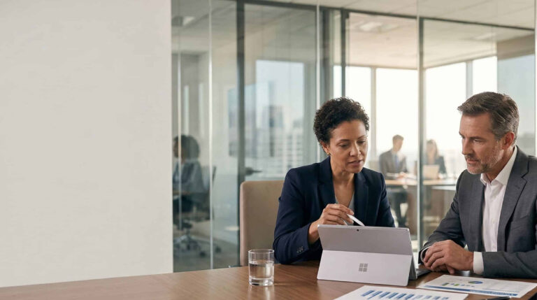 Two business partners reviewing a shareholder buyout valuation at a meeting table