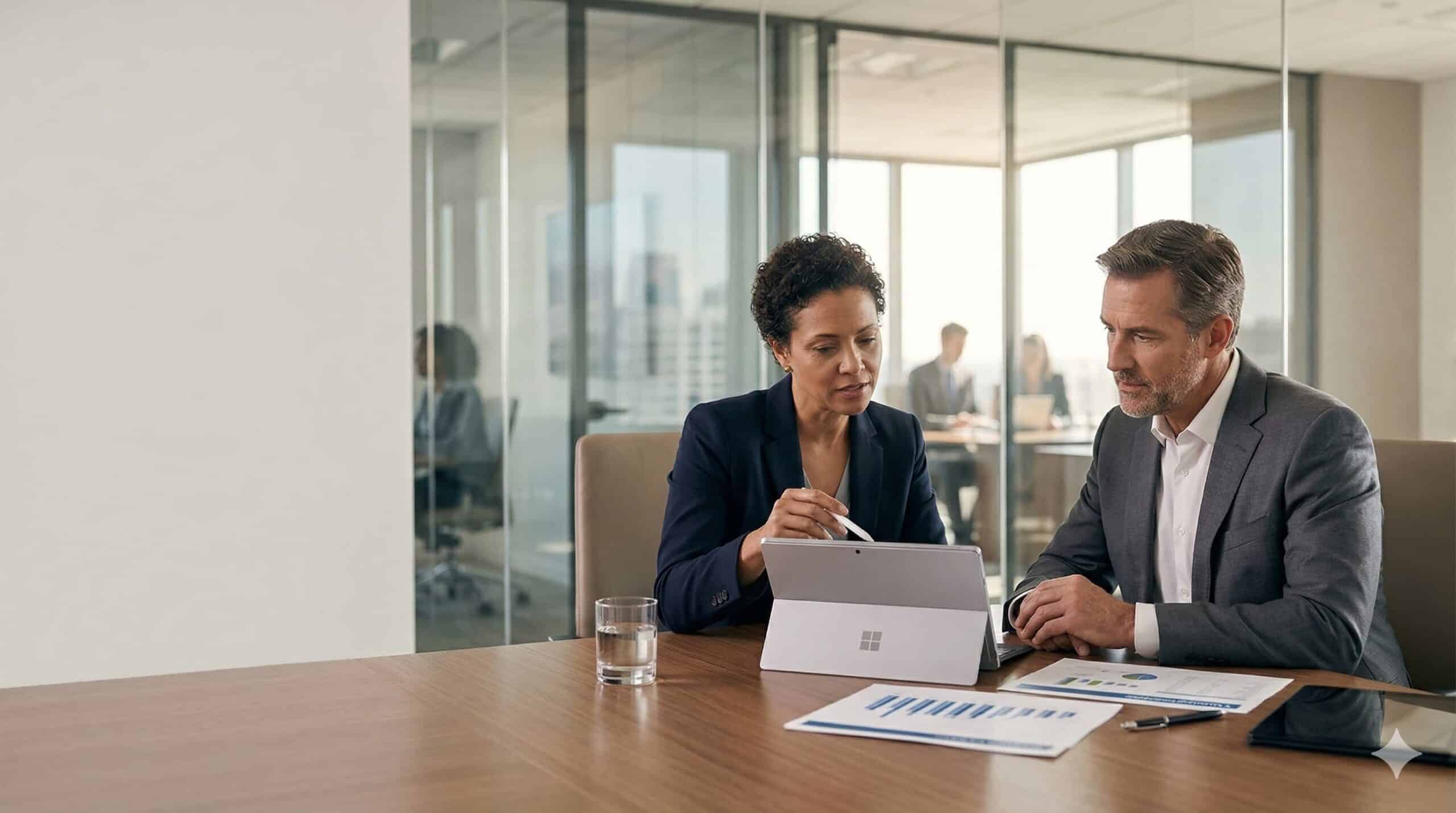 Two business partners reviewing a shareholder buyout valuation at a meeting table