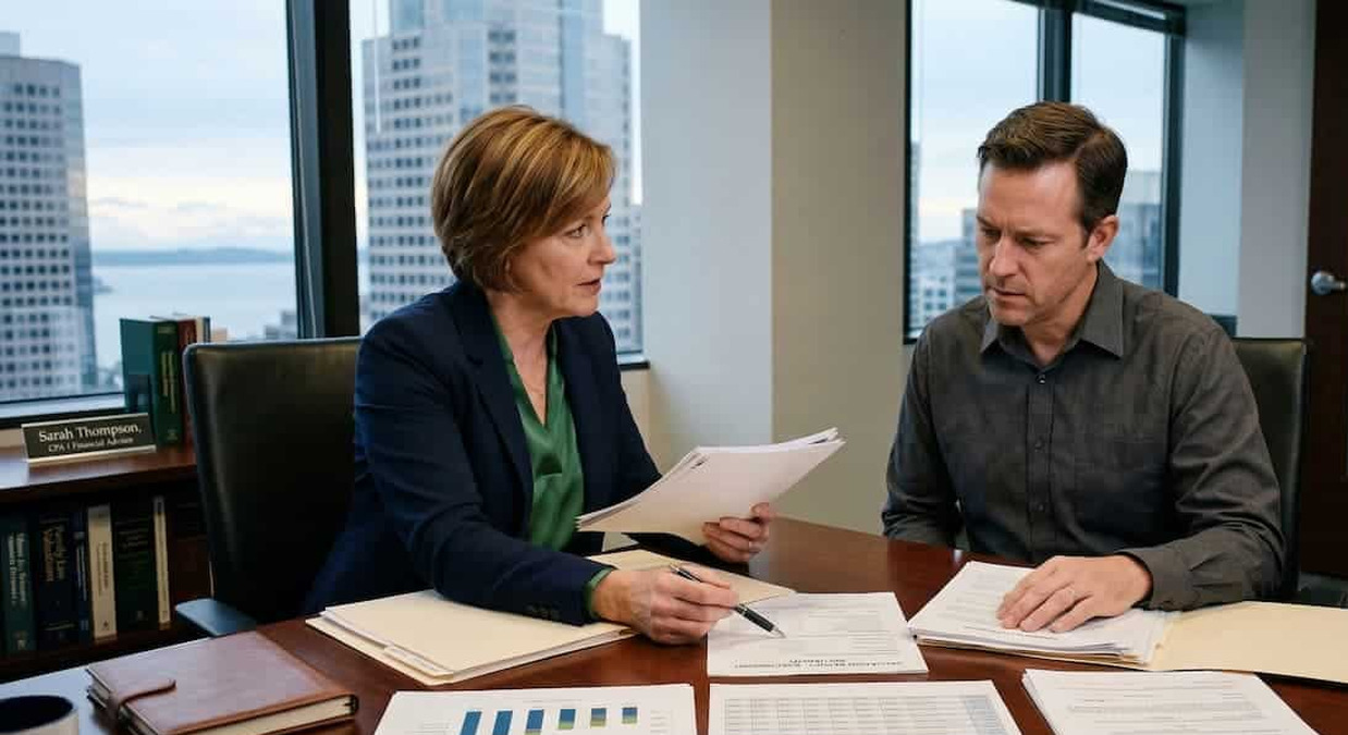 A woman reviewing financial documents at a boardroom table
