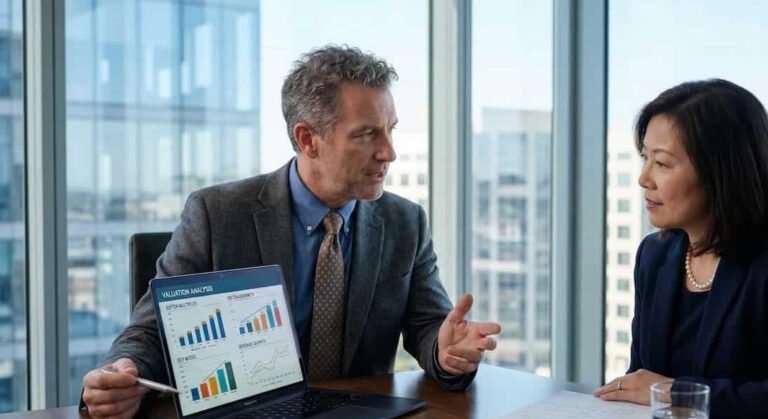 Two professionals discussing a business valuation at a meeting table