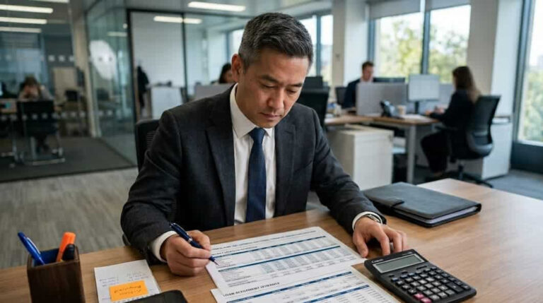 Business owner reviewing financial statements with a calculator