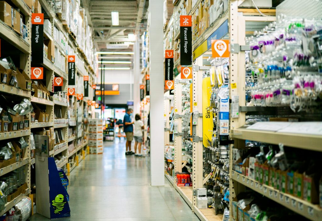 Store aisle with shelves stocked with products